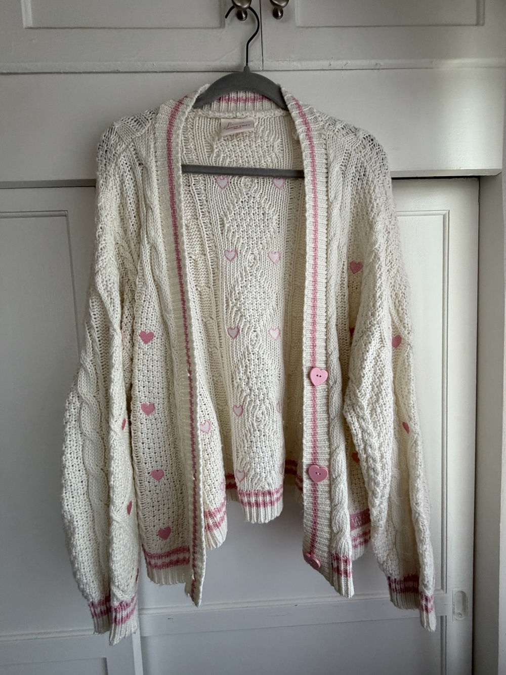 Taylor Swift Lover Cream Knit Cardigan Sweater with Pink Heart Accents